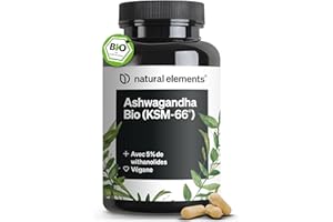 NATURAL ELEMENTS Ashwagandha Bio KSM-66 en Gélules Extra Fort 600mg par dose journalière – 180 Gélules Vegan – 100% Végétalien Certifiée Sans Additifs Artificiels
