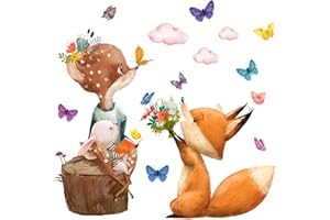 WandSticker4U®- [Acquerello] Adesivi murali bambini animali del bosco VOLPE e FIORI (78x72 cm) I Adesivi da parete animali foresta capriolo coniglio giungla I Decorazioni parete cameretta bambina