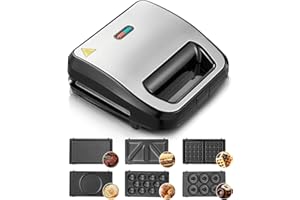 FOHERE Gaufrier 6 en 1, Appareil Croque Monsieur, 750W Multifonctions Machine Électrique, 6 Plaques Antiadhésives et Détachables, Cuisson Double Face,Thermostat Automatique