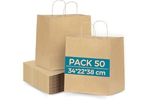 ESPIRITO REBELDE 50 Sacs en Papier Kraft 34x22x38 cm avec Poignées | Sac Take Away : Sachet Alimentaire pour Emporter | Sac Cadeau pour Noël