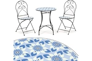 GOPLUS 3 Pcs Set de Salon de Jardin Mosaïque avec 2 Chaises Pliantes et 1 Table Rond, Ensemble de Table et Chaises Design Vinage Style Lisbonne, Φ60x71,5cm,39x49,5x94cm Charge Max. 50/150kg (Bleu)