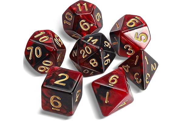 QMAY DND Lot de 7 dés polyédriques pour Donjons et Dragons MTG RPG D&D D20, D12, D10, D%, D8, D6, D4 (Noir avec Rouge)