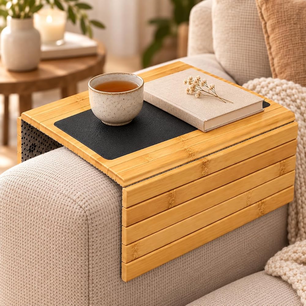 Deconox Koltuk Kenarı Ahşap Amerikan Servis, 32 x 40 Cm Deri Detaylı Bambu Kolçak Tepsisi, İçecek ve Atıştırmalık İçin Katlanabilir Sehpa