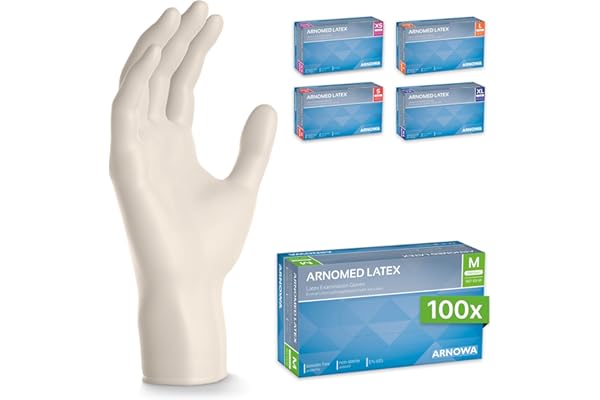 ARNOMED 100x gants jetables en latex blancs taille M, gants de chirurgie et de laboratoire, gants en nitrile à usage unique, moufles en latex XS, S, M, L, XL, XXL