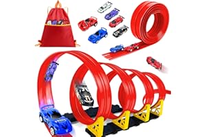 HERMORRYSS Rennbahn für Kinder, 5 Meter Autorennbahn Rennstrecke mit 6 Fahrzeuge und Rampe, Geschwindigkeitsstrecke Rennstrecke Rennbahn Spielzeug, Jungen Mädchen 3+ (Rot)
