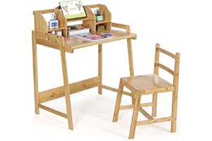 MAMIZO Biurko Dziecięce z Regulacją Wysokości i Krzesłem - Bambusowe z Uchwytem Na Książki, Zestaw Szkolny Dla Dzieci i Dziewcząt, Naturalny Kolor