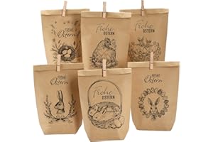 PANSIBY 12 DIY Geschenktüten Ostern, Osterhasen Tüten zum Verzieren und Befüllen, Papiertüten zu Ostern Party zum selber Befüllen, Schwarz Bedruckte Ostertüten mit Holzklammern