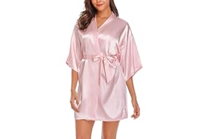 Wikoan Women's Satin Dressing Gown,Soft Silk Robe Lightweight Sleepwear for Bridal,Wedding Party Robes with Oblique V-Neck S-XXL