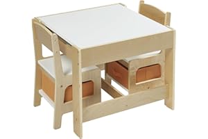 Panana Kindertisch mit 2 Stühlen Sitzgruppe mit Stauraum, 3tlg. Kindersitzgruppe, für Kinder Vorschüler Kindermöbel (Natur)