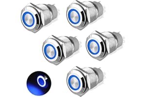 Linkstyle 5Pcs 16mm Interruttore a Pulsante a Scatto in Metallo con Luce LED Blu DC 12V / 24V, ON/off Interruttore Marino Impermeabile autobloccante Rotondo a 4 Pin per Auto RV Camion Barca SPDT