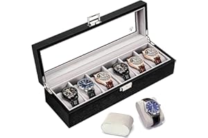 Slege Uhrenbox aus Holz mit 6 Fächern,Uhrenetui für Herren,komplett mit Samt ausgekleidet,Uhrenhalter Glasplatte & Uhrenkissen,Uhrengehäuse-Organizer als Geschenk für Herren und Damen (Schwarz)