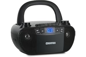 Beatfoxx CDB-1016 BK Boombox mit Kassette, CD-Player, Radio mit Tragegriff - Rekorder mit AUX-Eingang und Kopfhörer-Ausgang - Betrieb über Netzkabel oder 6X Typ C-Batterien - Kinder & Erwachsene