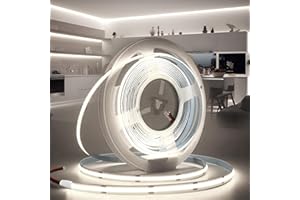 BRIMETI Ruban LED COB 5M 12V Autocollant Bande LED COB 6000K Blanc Froid Flexible 320LED/M Découpable Largeur 8mm CRI>90 Intérieur Eclairage pour Chambre Cuisine Maison Miroir (Sans Alimentation)