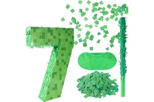 SAVITA Number Mini Pixel Piñata, Green Pixel Birthday Party Decorations with Stick Blindfold Confetti Piñata Party Set for Birthday Decorations (7)