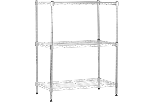 Amazon Basics Étagère à 3 tablettes étroites réglables en hauteur avec pieds de nivellement, charge max. 453 kg, Chromé, 76.2 x 34 x 58.9 cm (l x L x H)