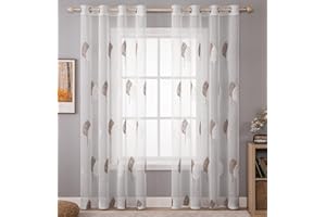 MIULEE Tende per Interni Moderne 2 Pezzi 140x260 CM, Voile Tenda Finestra Interno Salotto, Tenda Trasparente con Ricami a Foglie Bianche e Marrone, Fantasia Tende Camera da Letto Soggiorno Occhielli