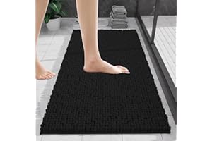 wyewye Bath Mat 40x60cm - Chenille Non-Slip Super Absorbent Bathroom Rug, Extra Soft Fluffy Shaggy Bath Mat Machine Washable Quick Dry, Black