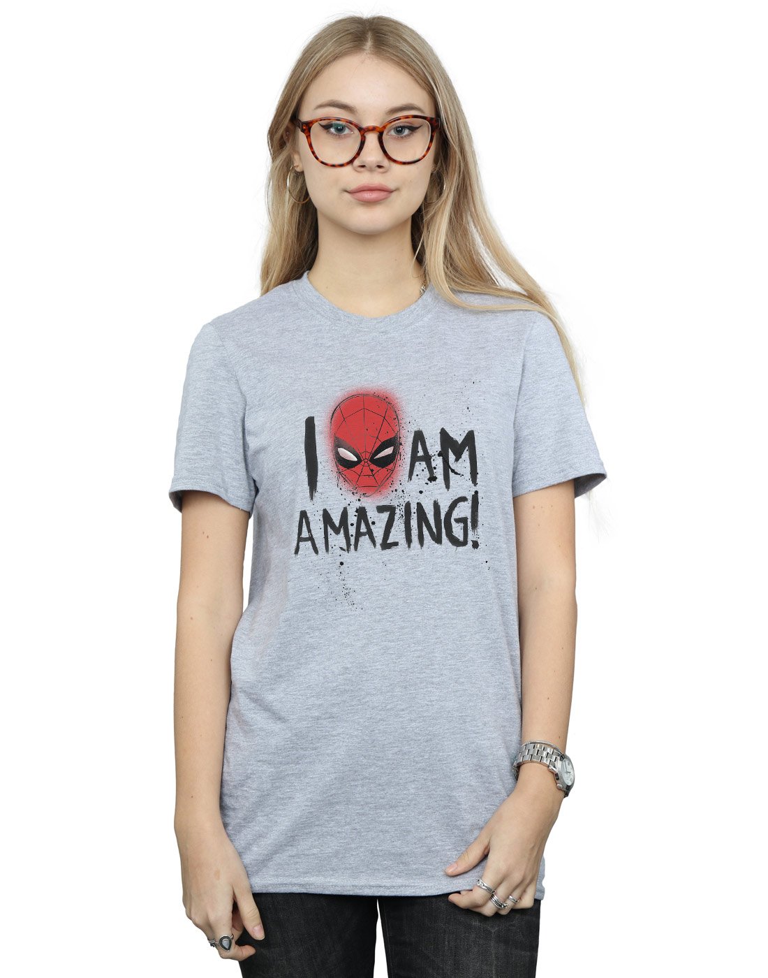Marvel-Damen-Spider-Man-I-Am-Amazing-Boyfriend-Fit-T-Shirt-Sport-Grau-Large