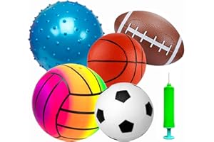 POTWPOT Sports Ball Toys, 5pcs Inflatable Sport Balls Set with Pump, Includes Football, Basketball, Volleyball, Rugby, Acanthosphere, Outdoor Games for Kids Beach Balls Toys