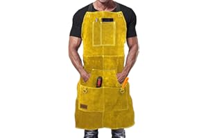 DIMWELD Mandil de Soldador Premium de Cuero Protector para Hombre. Delantal de Herrero Termico Ignifugo para Soldadura en Taller con 6 Bolsillos para Herramientas