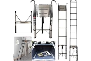 HSHa Telescopic Ladder 16.4FT/5M Multi-Purpose Folding Steel Telescoping Ladder with Stabilizer Bar & Detachable Hooks, Black+Silver
