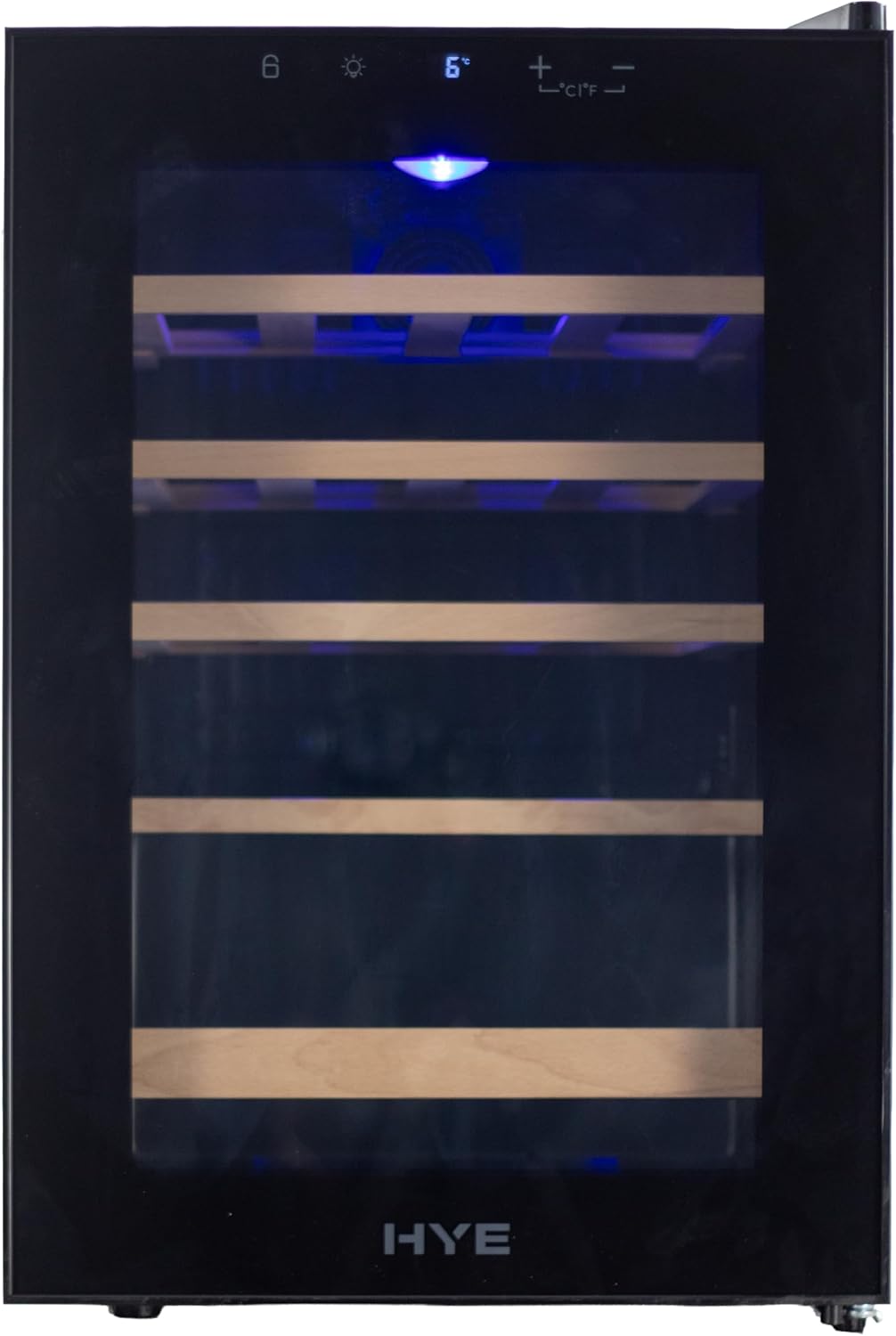 HYE Wine Cooler - Wine Fridge With 20 Bottle/62L Storage, 43CM Width, Wooden Shelves, LED Top Lighting, Temperature Range Adjustment, 40 dB Operation, Perfect For Enthusiasts - RF01WC20B31