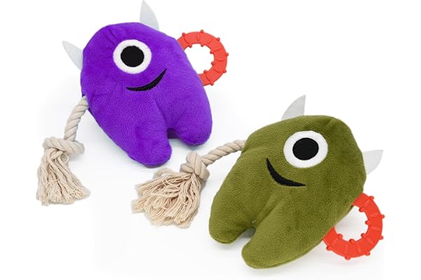 Onmygogo Jouets couineur et à mâcher en peluche pour chien de grande taille, jouets en peluche durables pour chiot avec corde à tirer, jouets monstres (lot de 2, violet et vert)