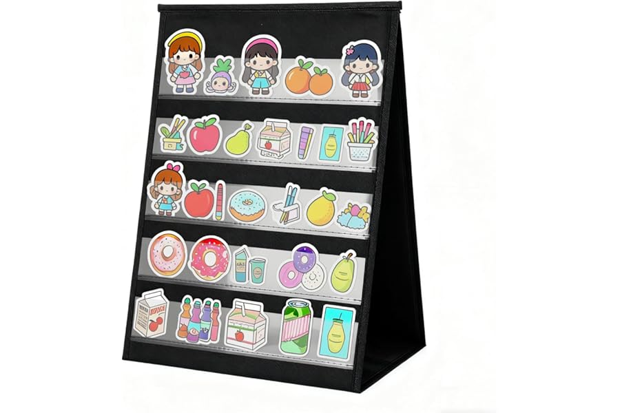Portable Sticker Display Stand for 4in/10.2cm Large Stickers, Double Sided 5 Tier Tabletop Storage Rack Vending Machine for Pocket Chart Vendor Events Trade Shows & Small Business Organizer (Black)