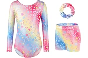GYMGOING Gymnastics Leotards for Girls - Sparkling Gradient Design, Girls' Three-Piece Sleeve Gymnastics Leotard Set with Shorts for Ballet & Dance