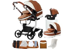 Veitoalioy PU-Leder Kinderwagen 3 in 1, Bequemer Multifunktionaler Kombikinderwagen 3 in 1 Komplettset, Aluminium Hohe Landschaft Babywagen, Faltbarer Kinderwagen Set (518 Khaki)