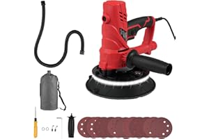 Geevorks Ponceuse à Plâtre, Ponceuse Électrique de 850W avec Aspiration Automatique de Poussière, 6 Vitesses Variables 1500-2600RPM, Ponceuse Excentrique avec Lumière LED à 360°, 12 Disques de Ponçage