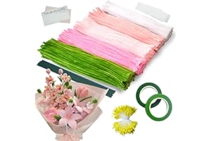 Ezitruz 500 Stück Pfeifenreiniger Blumen Set, 5 Farben Pfeifenputzer zum Basteln für DIY, mit Schleifenband, Klebeband, Staubblätter, Blumendraht, Blumenpapier, Anleitung zum Blumenbasteln(Rosa Grün)