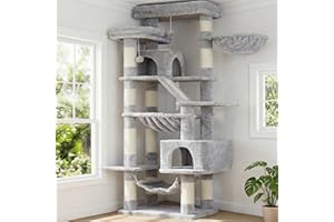 Heybly Cat Tree, 180cm High Scratching Tree for Apartments with 2 Platforms, 2 Large Sleeping Houses, 2 Hammocks, Basket and Scratching Board, Large Cat Furniture with Sleeping Area Light Grey HCT034W