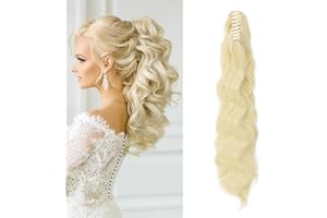 CYBELLEZA Long Ponytail Extension 22" Curly Clip in Hair Extensions Pony Tails Claw on Wavy Synthetic Hairpieces Jaw One Piece for Women Girls, Bleach Blonde