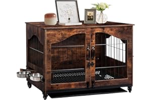 Fulgutonit Cage pour Chien de Taille Moyenne avec Gamelle Rrotative à 360°, Cage Chien Interieur Meuble avec 2 Portes et Roues, Cage pour Chien Moderne en Bois pour Chiens de Petite/Moyenne Taille