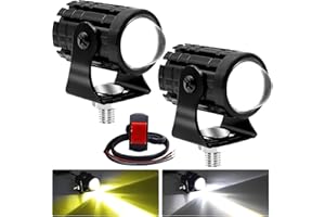 BIQIURE 2x Motorcycle Driving Lights With ON/OFF Switch, Mini LED Headlights Fog Lights 12W Spotlight Auxiliary Lights Dual Color 6000K White 3000K Yellow for Bike ATV UTV Truck SUV