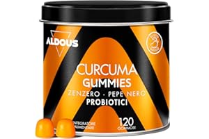 ALDOUS BIO Curcuma e Zenzero con Pepe Nero + PROBIOTICI - 2500mg - 120 Caramelle Gommose - Sapore Naturale di Mango e Zenzero Piccante - Curcuma, Piperina - Antinfiammatorio Naturale Gonfiore Addominale - ALDOUS