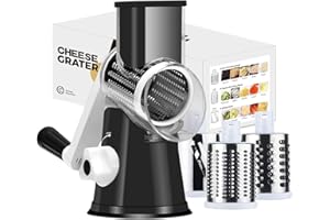 Ourokhome Rotary Cheese Grater Vegetable Slicer - Rotary Round Drum Grater Chopper with 3 Stainless Steel Drums Strong Suction Base (Black)