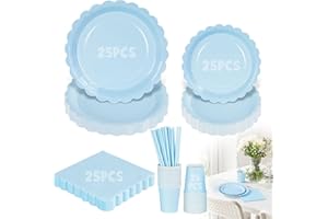 OTAUOAEA Set di 125 Stoviglie per Feste per 25 Ospiti, Festa della Addobbi di Compleanno dei Dambini Articoli per Feste Set Include Piatto Carta Party Tazze Tovaglioli Cannucce per Compleanni,Baby Shower, Blu