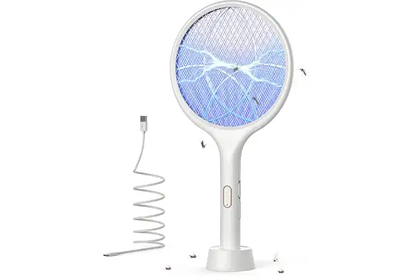 YISSVIC Raqueta Mosquitos Electrica 4000V Mata Mosquitos Electrico 2 en 1 | Raqueta Matamoscas Electrica USB-C Recargable 1500mAh Raqueta de Luz UV- Blanco