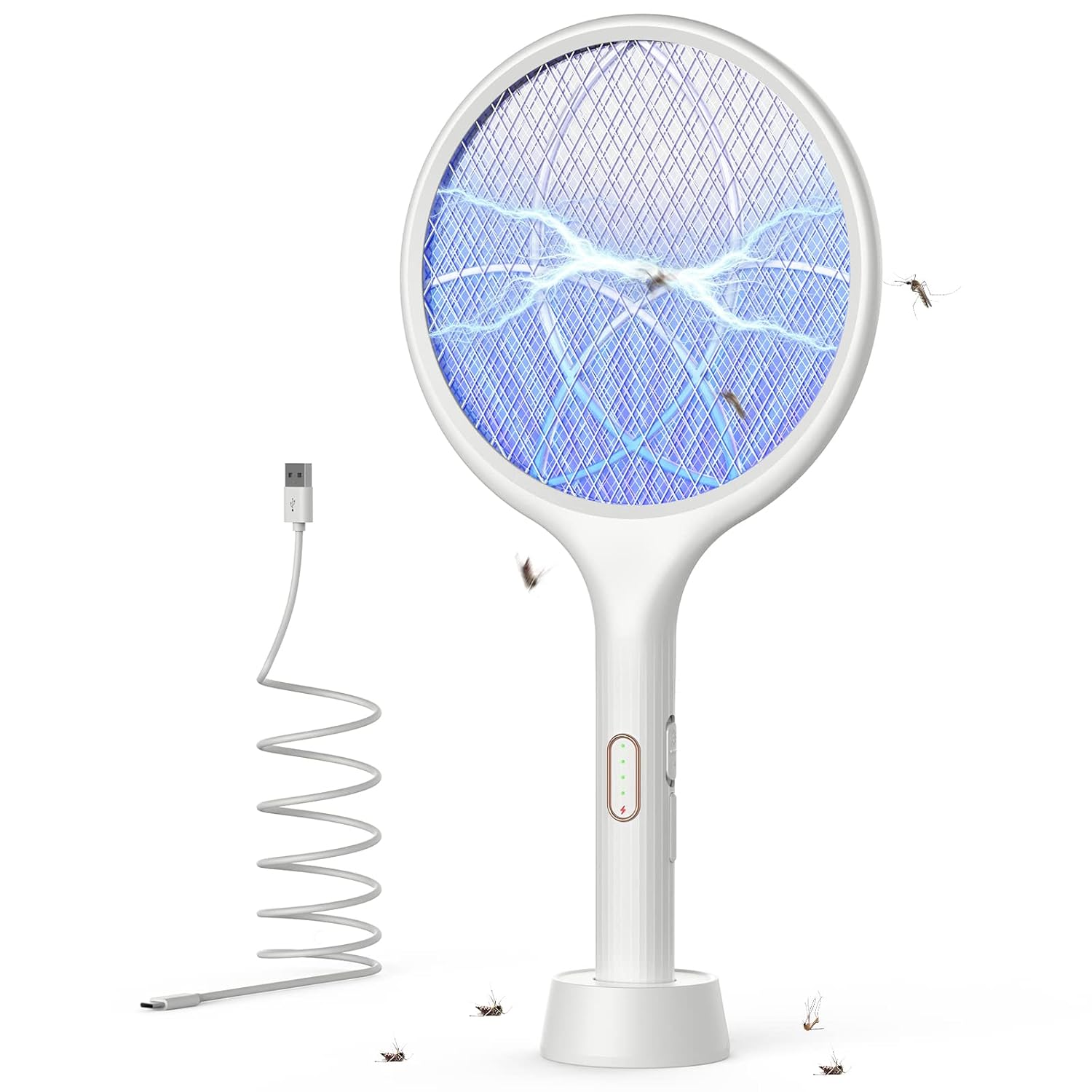 YISSVIC Racchetta Zanzare Elettrica 4000V 1500mAh con USB Ricaricabile e LED 2 in 1, Protezione Maglia a 3 Strati Adatto per Casa Giardino Campeggio Interni ed Esterni Bianco