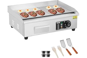 VEVOR Piastra Elettrica Commerciale, Piastra Half-Flat Top da Banco da 3200 W, Temperatura Regolabile Piastra in Acciaio Inossidabile 50-300°C, 54 x 30 x 1 cm con 2 Pale 2 Spazzole Casa Ristorante