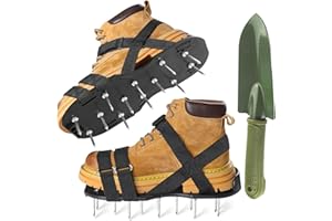 MYSHELL Lawn Aerator Shoes, Spike Shoes for Self Levelling Floor, Heavy Duty Long Spiked Aerating Sandals for Yard Patio Garden Grass Lawn, with Stainless Steel Shovel Clearing Away Debris Easily
