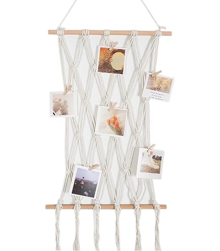 SF SOONEAT Makramee Foto-Wandbehang – Boho Wanddekoration Mit 30 Holzklammern & Lichterkette