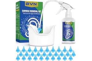 BVN zestaw do usuwania woskowiny usznej, dla dorosłych i dzieci, w tym butelka do mycia uszu 500 ml, miseczka pod ucho, miękkie końcówki jednorazowego użytku, 30 szt.
