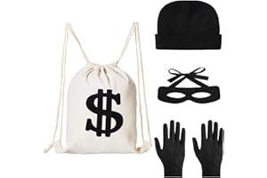 Sunwuun Bankräuber Kostüm Damen Herren Und Kinder Set, Dieb Verbrecher Kostüm Con Goldmünzprägung, Augenmaske, Dollar Geldsack, Kappe, Handschuhe Für Karneval, Halloween, Einbruch Mottoparty