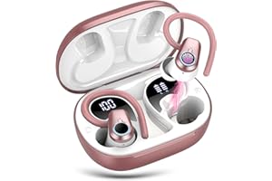 POOUNUR Wireless Earbuds, 2023 Wireless Earphones Bluetooth 5.3 Headphones Wireless, Ear Buds Wireless Earbuds with Earhooks, IP7 Waterproof 50H Stereo Wireless Headphones Sport, Dual LED Display, Rose Gold