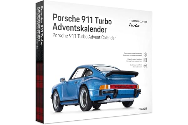 FRANZIS 67221 Porsche 911 Turbo Calendrier de l'Avent – Kit de modélisme à l'échelle 1:43 avec module sonore et livre d'accompagnement de 52 pages