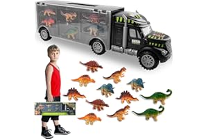 Pup Go Dinosaur Truck Toys for Boys, Transporter Truck Toy Car Carrier include 12 Mini Dinosaurs Animals Figures - Double Inside Storage Set with Portable Handle - Gift for Kids Age 3+ Years Old