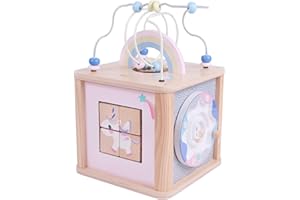 Classic World Wooden Dream Activity Cube for Kids, Baby Developmental and Multifunctional Toy, Includes Unicorn Puzzle, Pastel Rainbow, Bead Maze, Shape Sorter; 30 x 28 x 40 cm, 18 Months+